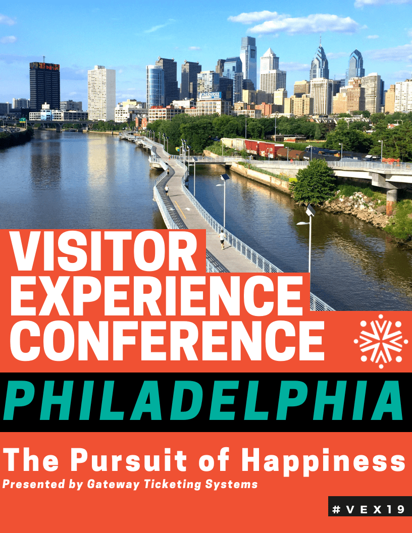 Cover of the VEX 19 program featuring a view of the Philadelphia skyline with text reading "Visitor Experience Conference - Philadelphia - The Pursuit of Happiness - Presented by Gateway Ticketing Systems"